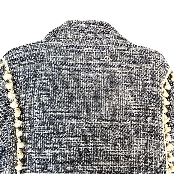 ZARA Oversize Tweed Blue and White Fringe Tassels Blazer Jacket - Picture 8 of 11